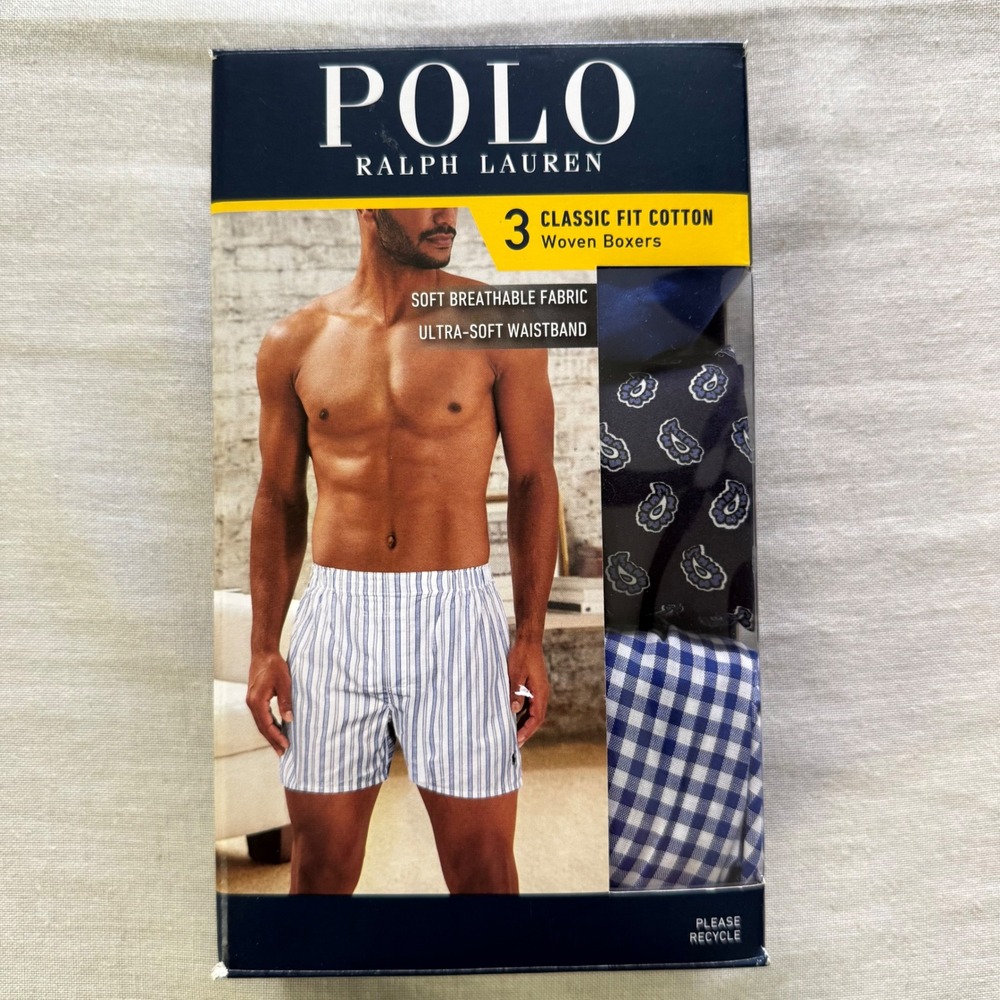 Polo Ralph Lauren Mens 3 Pack Classic Fit Cotton Woven Boxers Blue Paisley XL